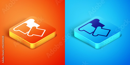 Isometric Bread toast for sandwich piece of roasted crouton icon isolated on orange and blue background. Lunch, dinner, breakfast snack. Vector