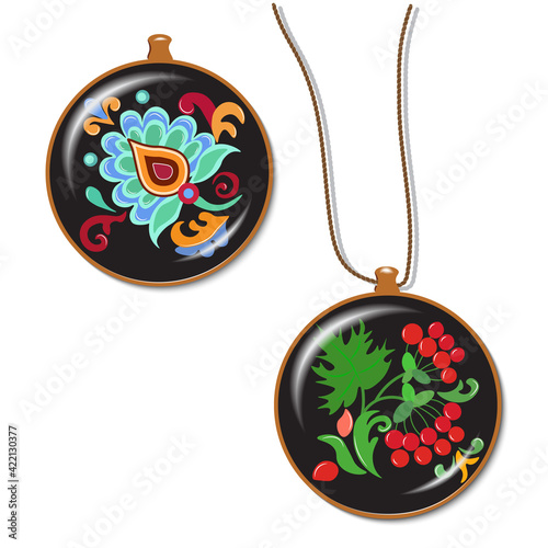 A badge, a medallion on a string with a folk plant ornament, can be used for packaging design, web pages, postcards, stickers. Vector