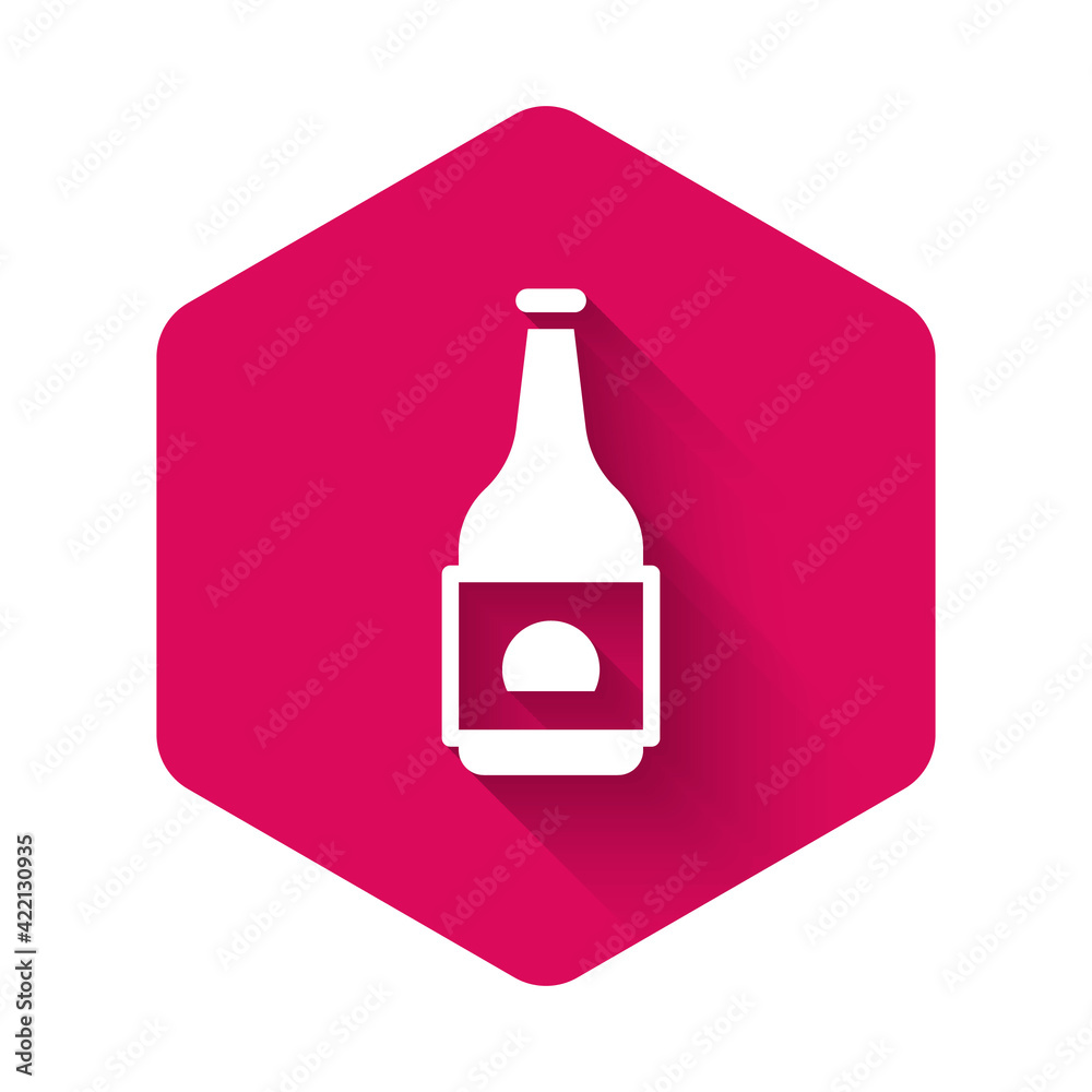 White Beer bottle icon isolated with long shadow background. Pink hexagon button. Vector White Beer bottle icon isolated with long shadow background. Pink hexagon button. Vector