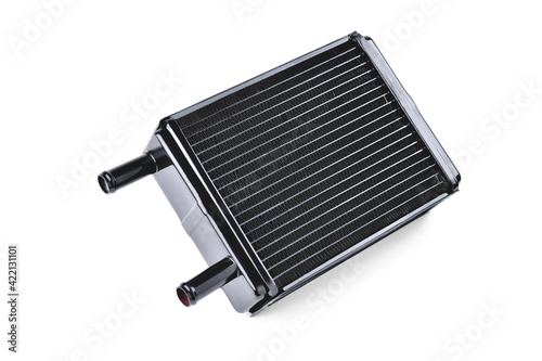 car heating and air conditioning system radiator, car stove radiator, white background, selective focus