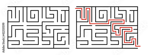 Abstract maze. Find right way. Isolated simple square maze black line on white background. Vector illustration.