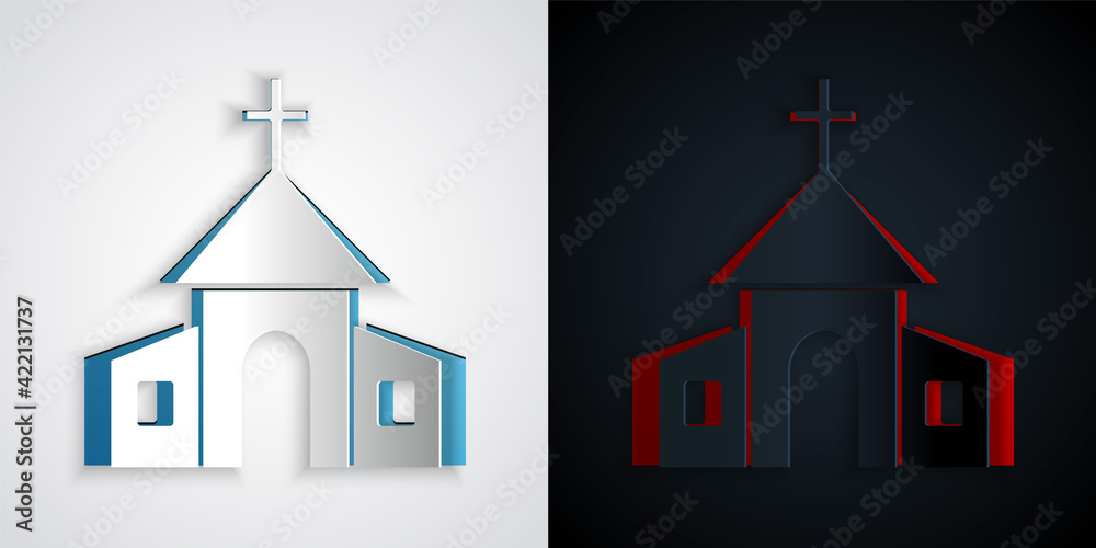 Paper cut Church building icon isolated on grey and black background. Christian Church. Religion of church. Paper art style. Vector Paper cut Church building icon isolated on grey and black background. Christian Church. Religion of church. Paper art style. Vector