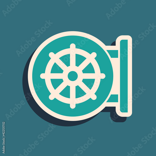 Green Dharma wheel icon isolated on green background. Buddhism religion sign. Dharmachakra symbol. Long shadow style. Vector