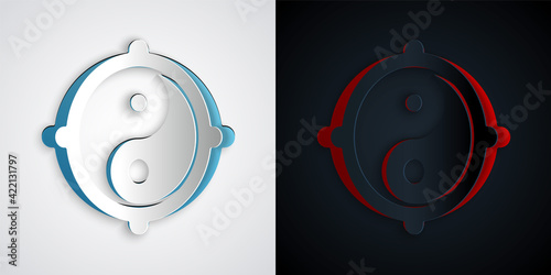 Paper cut Yin Yang symbol of harmony and balance icon isolated on grey and black background. Paper art style. Vector