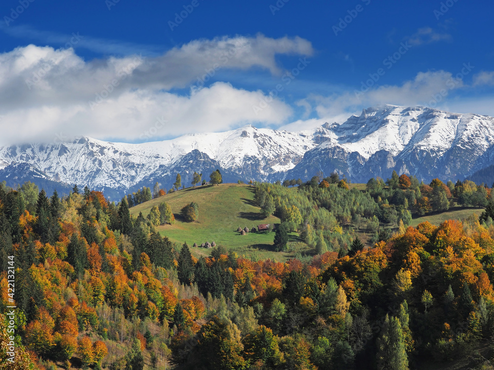 Autumnal view with Bucegi Mountains in Southern Carpathians, Romania