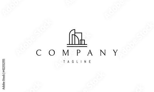 Vector logo on which an abstract image of the silhouette of a city with skyscrapers.
