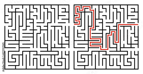 Abstract maze. Find right way. Isolated simple square maze black line on white background. Vector illustration.