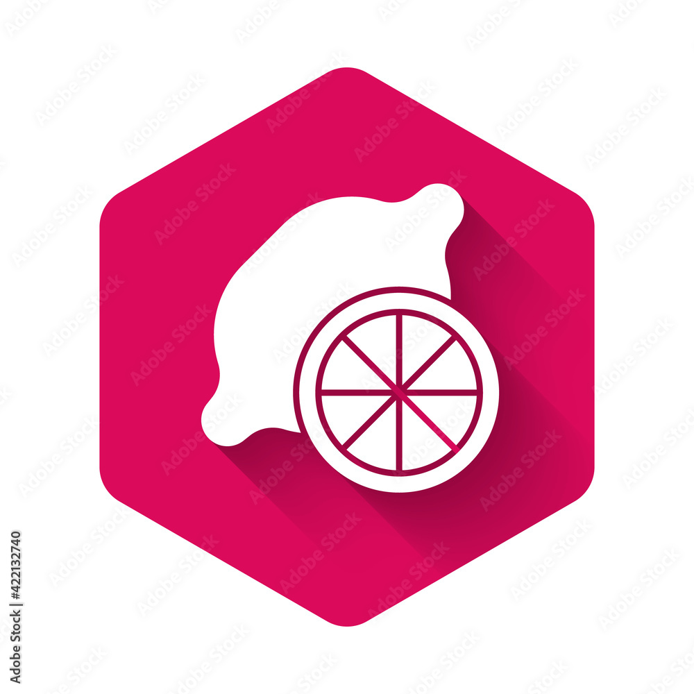 White Lemon icon isolated with long shadow background. Pink hexagon button. Vector