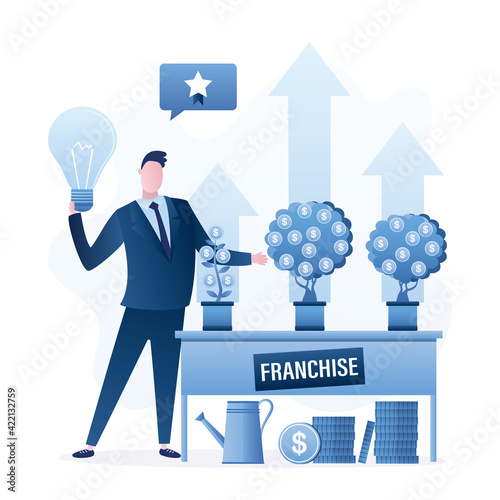 Businessman offers and sells successful franchises. Financially profitable business projects. Various money trees on desk.