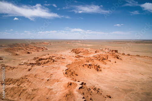 Aerial view of the Bayanzag Flaming Cliffs in the Gobi Desert, Mongolia.