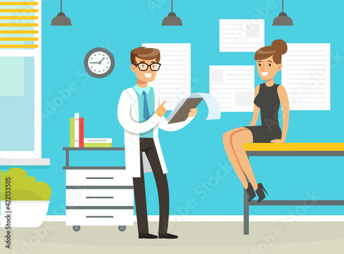 Man Doctor at His Cabinet Giving Advice to His Patient Vector Illustration