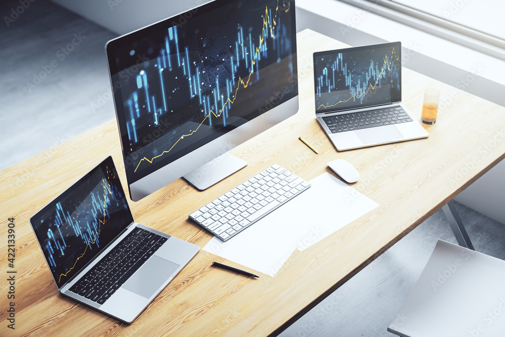 Computer monitor with abstract financial graph, finance and trading concept. 3D Rendering Computer monitor with abstract financial graph, finance and trading concept. 3D Rendering