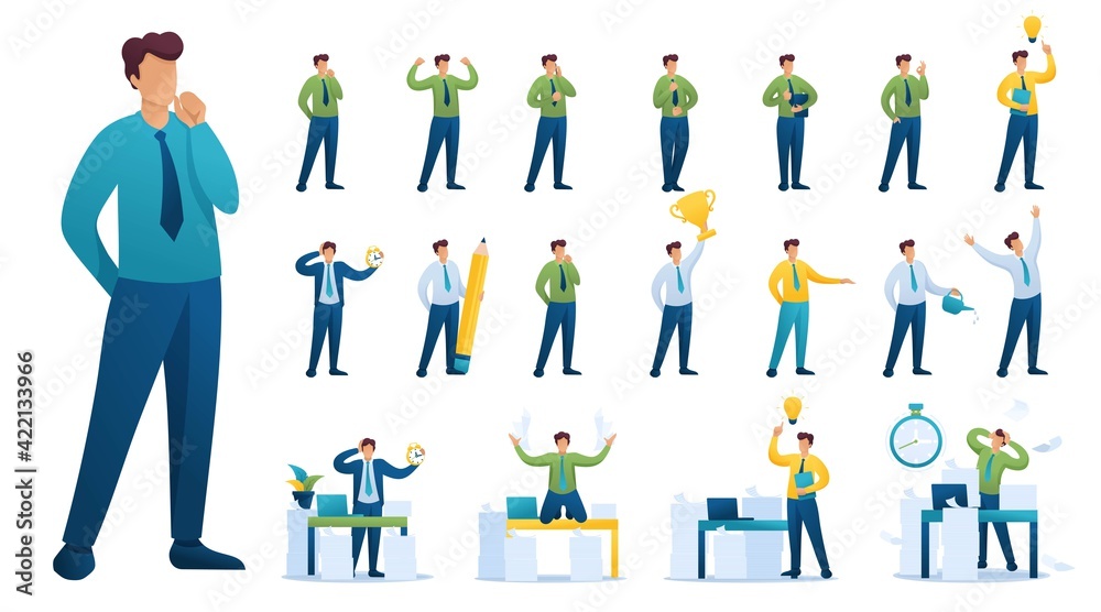 Set of BusinessMan. Presentation in various in various poses and actions. 2D Flat character vector illustration N2