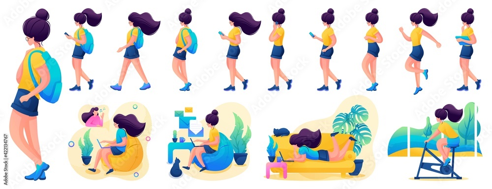 Obraz premium Presentation in various poses and actions character. Young Girl. 2D Flat character vector illustration N2