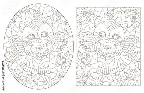 Fototapeta Naklejka Na Ścianę i Meble -  Set of contour illustrations in stained glass style with kittens fairies and flowers, dark outlines on a white background