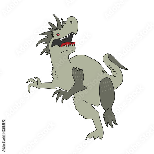 Angry fantasy tyrannosaurus with spikes. Vector hand drawn Illustration dinosaur  wild animal. Linear color concept isolated on white background