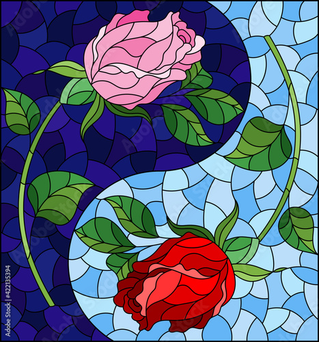 Illustration in stained glass style with rose flowers on a blue background, rectangular image