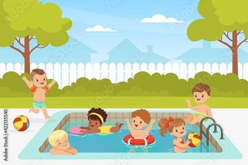 Excited Kids in Swimming Pool Splashing in Water Enjoying Summer Leisure Activity Vector Illustration