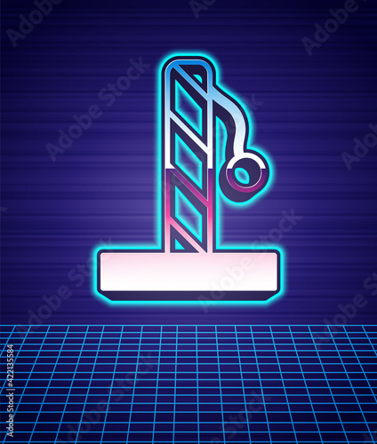 Retro style Cat scratching post with toy icon isolated futuristic landscape background. 80s fashion party. Vector