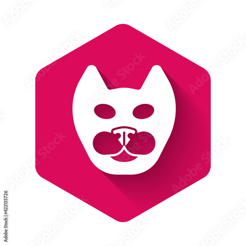 White Cat icon isolated with long shadow background. Pink hexagon button. Vector