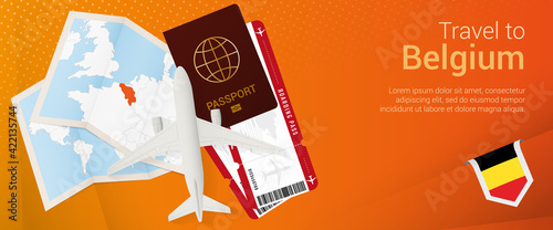 Travel to Belgium pop-under banner. Trip banner with passport, tickets, airplane, boarding pass, map and flag of Belgium.