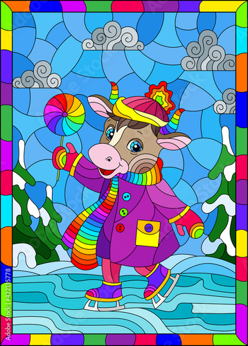 A stained glass illustration with a cute cartoon bull on skates against a winter landscape, a rectangular image in a bright frame