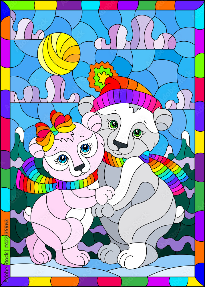 Stained glass illustration with a pair of cute cartoon polar bears against a winter landscape, a rectangular image in a bright frame
