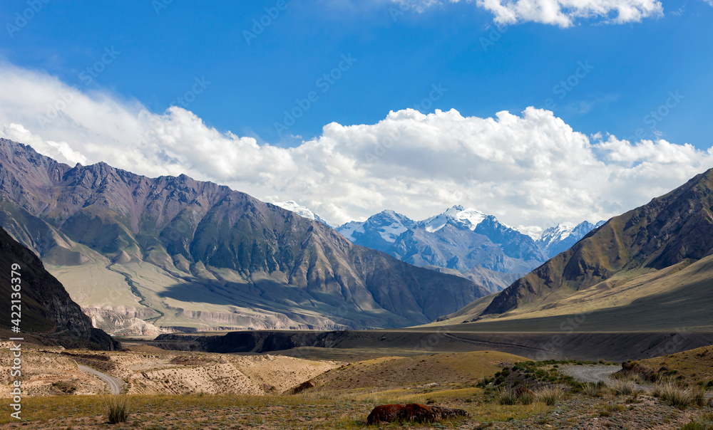 View of the mountain valley and steppe pastures in the spurs of the Tien Shan.