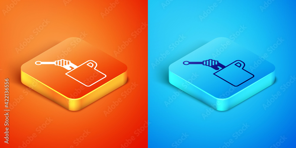 Isometric Honey dipper stick with dripping honey icon isolated on orange and blue background. Honey ladle. Vector