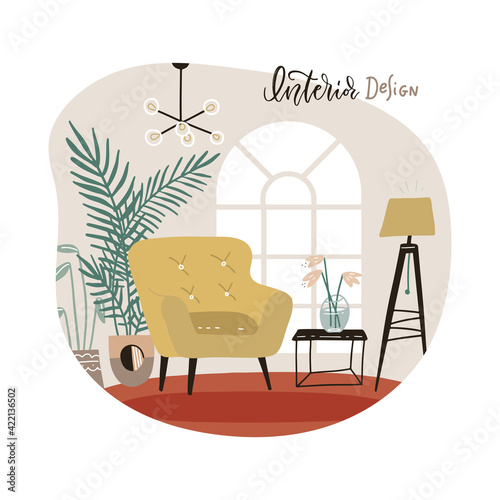 Interior of the living room with furniture. Modern armchair with mini table. Stylish appartment interior with indoor plants in scandinavian style. Flat hand drawn isolated Vector illustration.