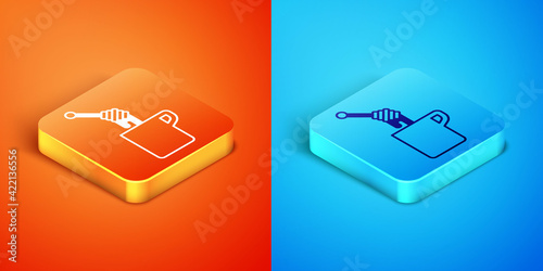 Isometric Honey dipper stick with dripping honey icon isolated on orange and blue background. Honey ladle. Vector
