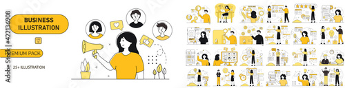 25+ SET Business illustrations. Mega set. Collection of scenes with men and women taking part in business activities. Trendy vector style. Blue color bu