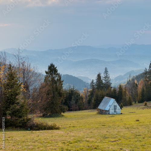 cottage in the mountains, sheep grazing place, landscape