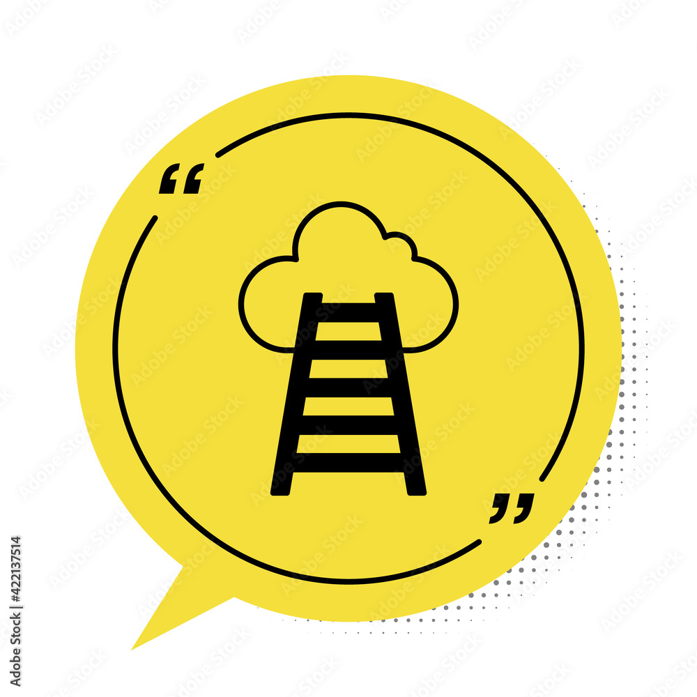 Black Stair with finish flag icon isolated on white background. Career growth business concept. Concept of business development. Yellow speech bubble symbol. Vector Black Stair with finish flag icon isolated on white background. Career growth business concept. Concept of business development. Yellow speech bubble symbol. Vector