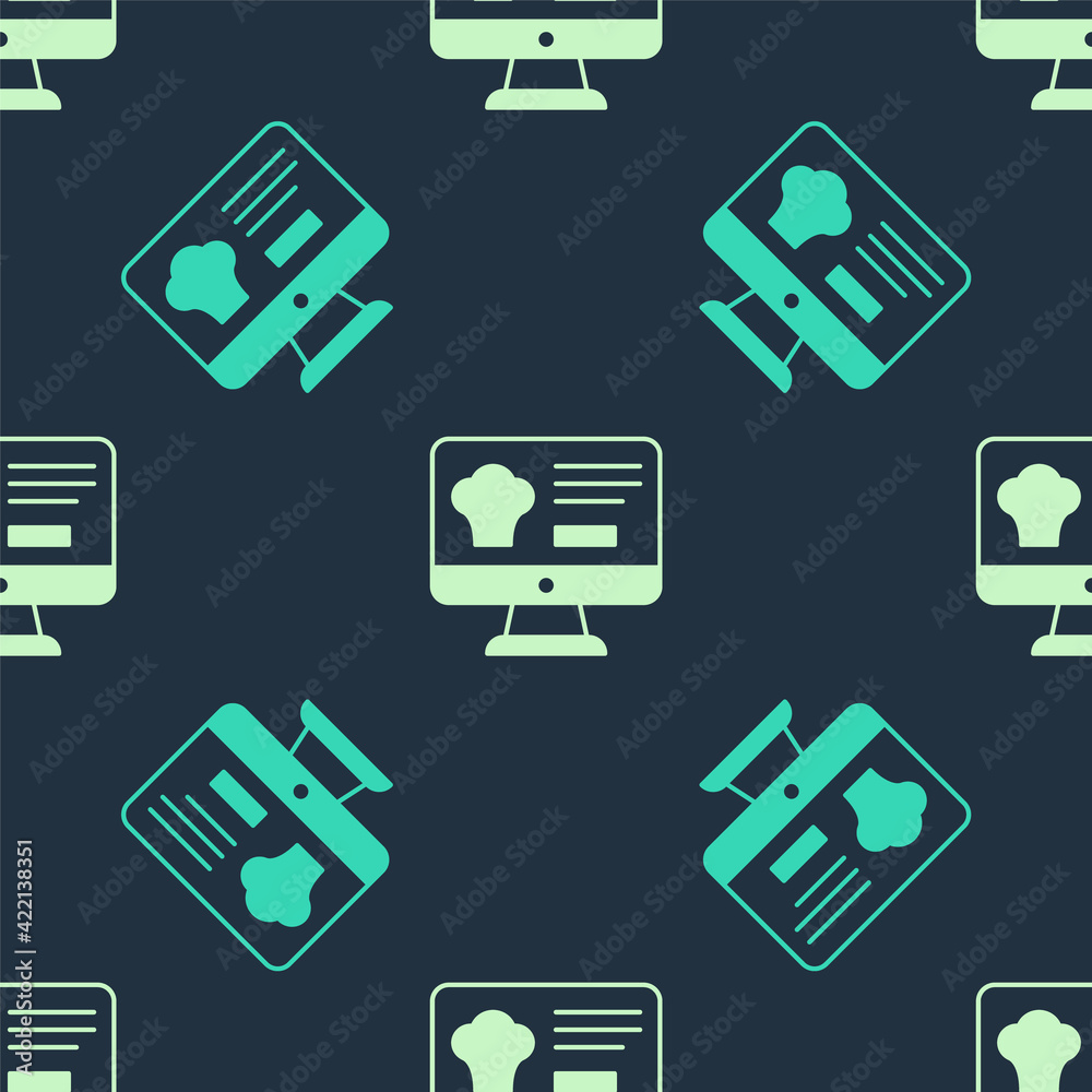 Green and beige Online ordering and fast food delivery icon isolated seamless pattern on blue background. Vector Green and beige Online ordering and fast food delivery icon isolated seamless pattern on blue background. Vector