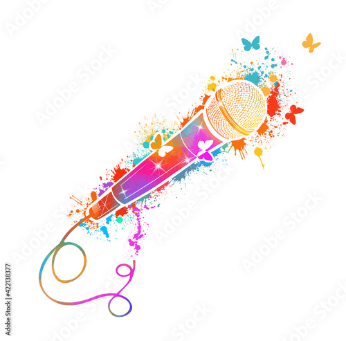 Multicolored microphone with butterflies and notes. Cartoon vector icon isolated on white background mic. Vector illustration