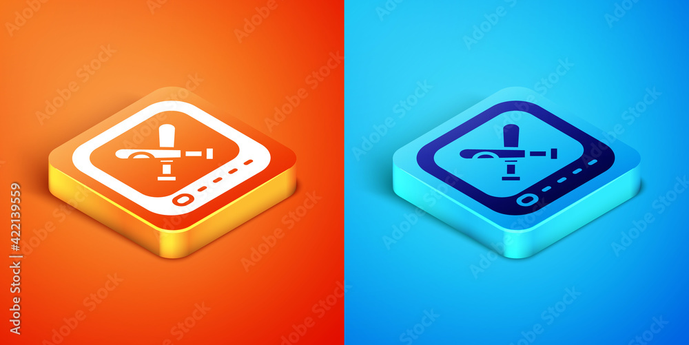 Isometric Monitor with baseball ball and bat on the screen icon isolated on orange and blue background. Online baseball game. Vector Isometric Monitor with baseball ball and bat on the screen icon isolated on orange and blue background. Online baseball game. Vector