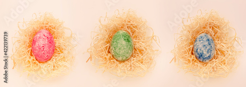 Bunt gefärbte  Ostereier in einem Osternest freigestellt auf weissem Hintergrund