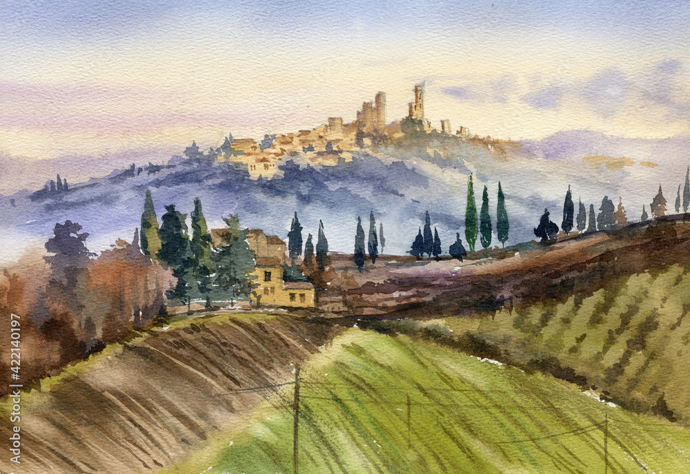 watercolor landscape of Italy, hand draw illustration, San Jiminiano