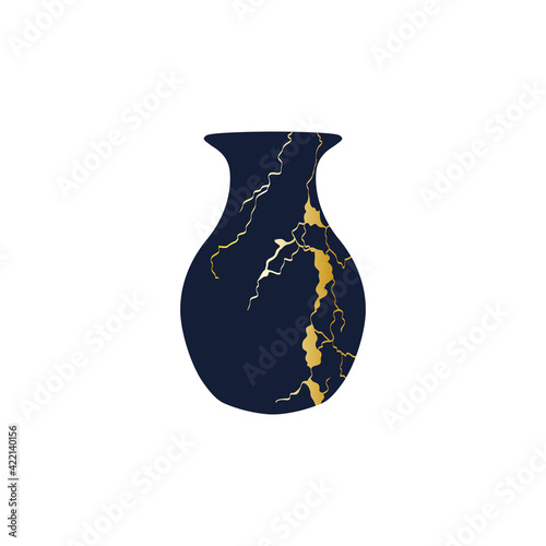 Repaired Japan vase kintsugi art color sketch engraving illustration. Scratch board style imitation.