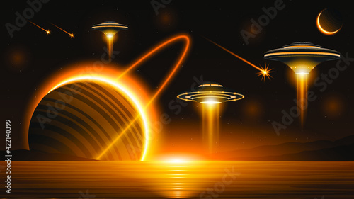 Abstract Aliens On Flying Saucers In Dark Space Planet Background Gradient Unidentified Flying Object Ufo Stars Vector Design Style