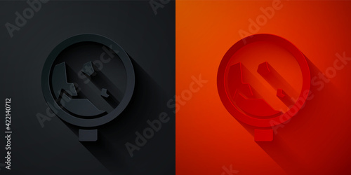 Paper cut Road sign warning avalanche rockfall landslides icon isolated on black and red background. Traffic rules and safe driving. Paper art style. Vector