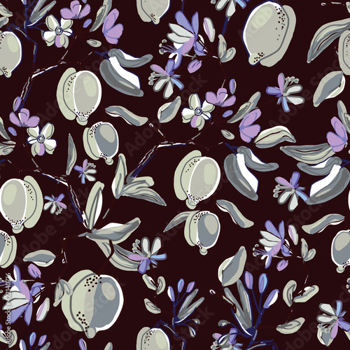 Lemons blooming branches seamless pattern. Drawn beautiful floral background. Botanical citrus plants on dark background. Vector illustration.