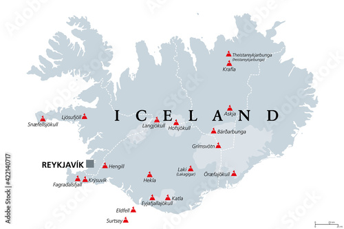 Volcanoes of Iceland that erupted since human settlement, political map. Eighteen volcanoes shown on gray map of Iceland, with glaciers and regions. Isolated illustration on white background. Vector.
