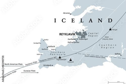 Geology of the Capital Region and Southern Peninsula of Iceland, gray political map. Reykjavik and vicinity, with Reykjanes Peninsula. Map with volcanic zones and belts, ridges and volcanoes. Vector.