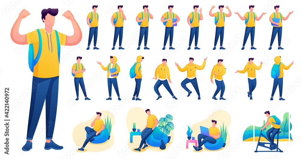 Presentation in various poses and actions character. Young Men. 2D Flat character vector illustration N8