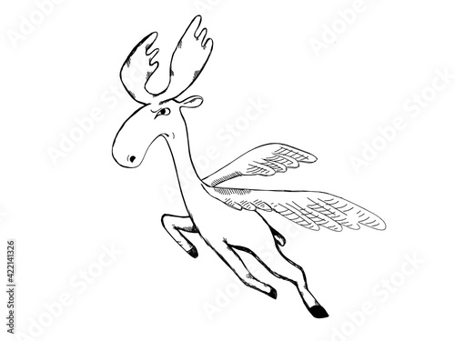 Flying moose. Deer angel. Hand-drawn doodle.