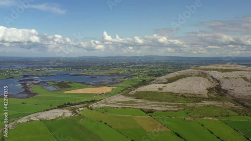 Irish Rural Landscape, view from Aughinish looking towards East Burrin, Clare, Ireland, August 2020, Drone gradually pushes towards Burren hills. photo