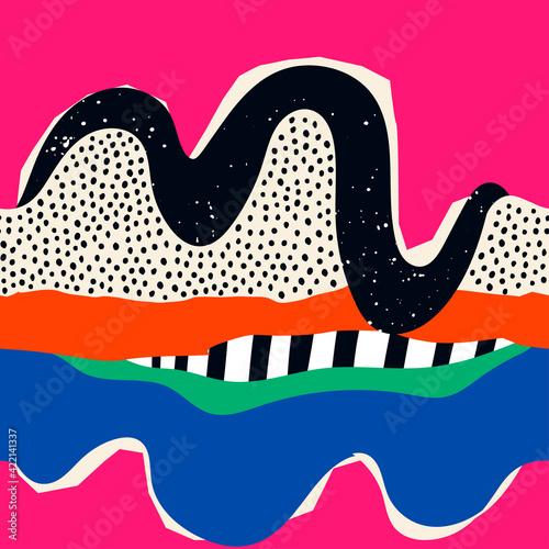 Various shapes and doodle objects. Abstract contemporary modern trendy Vector Seamless Pattern. Bright Wallpaper, background. Perfect for textile prints. Poster template