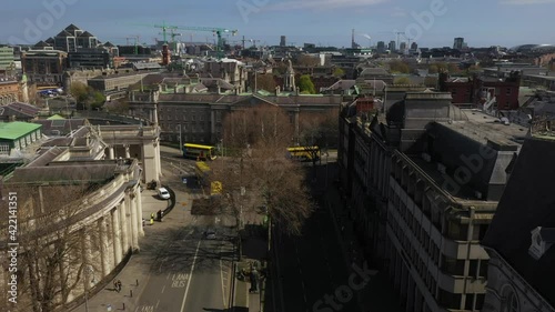 Trinity College, College Green, Dublin, Lockdown, April 2020, Ireland, Drone gradually lifts upwards revealing facade of the building. photo